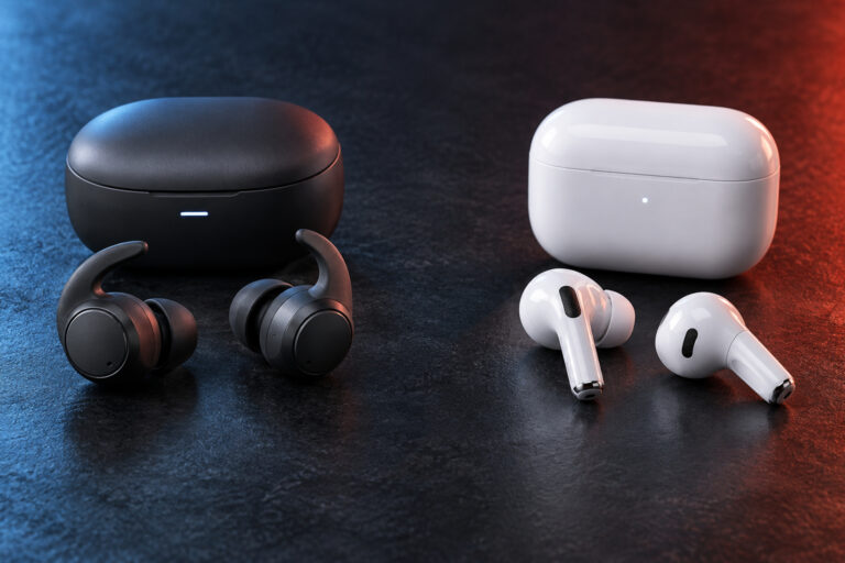 Wingtip workout earbuds compared with white stem-style noise-canceling earbuds