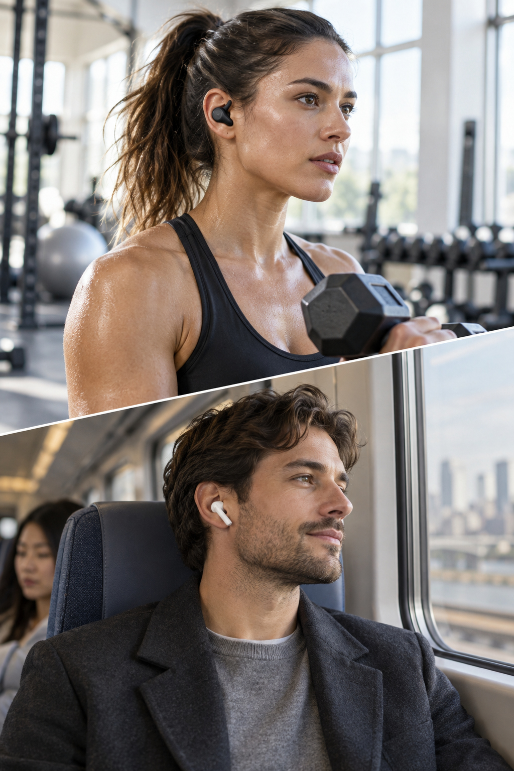 Athlete wearing wingtip earbuds and commuter wearing stem-style ANC earbuds